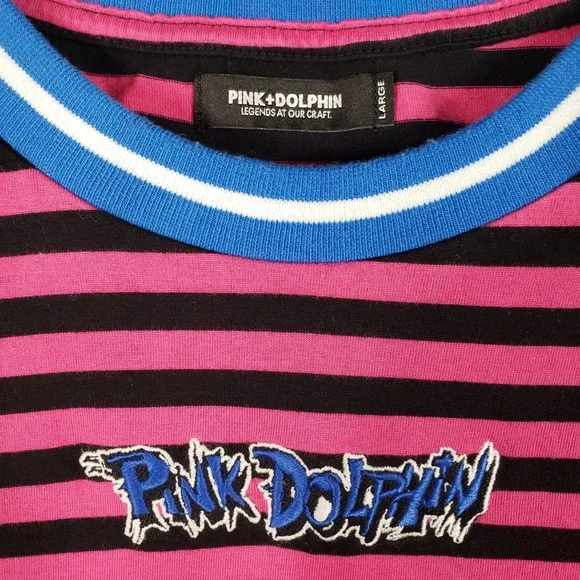 Pink Dolphin Men Medium Striped Long Sleeve Knit Shirt Pink Black Y2K Streetwear - Picture 3 of 8